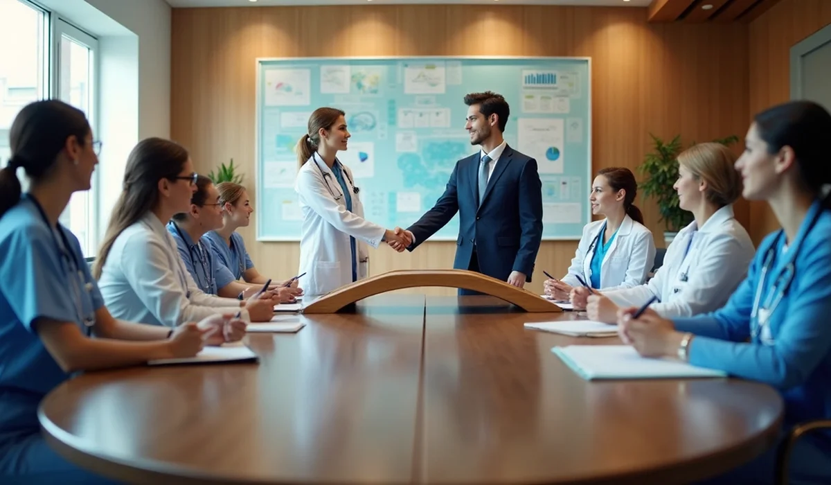 Clinical staff and an administrator talking together in a medical practice hallway